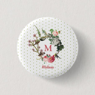 Monogram Vintage Floral & Bird Wreath Polka Dots 3 Cm Round Badge