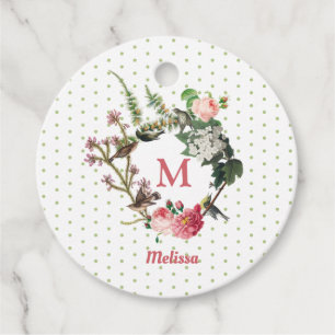 Monogram Vintage Floral & Bird Wreath Polka Dots Favour Tags