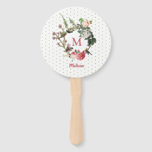 Monogram Vintage Floral & Bird Wreath Polka Dots Hand Fan