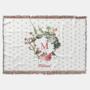 Monogram Vintage Floral & Bird Wreath Polka Dots Throw Blanket