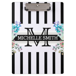 Monogram Vintage Floral Black Stripes Clipboard