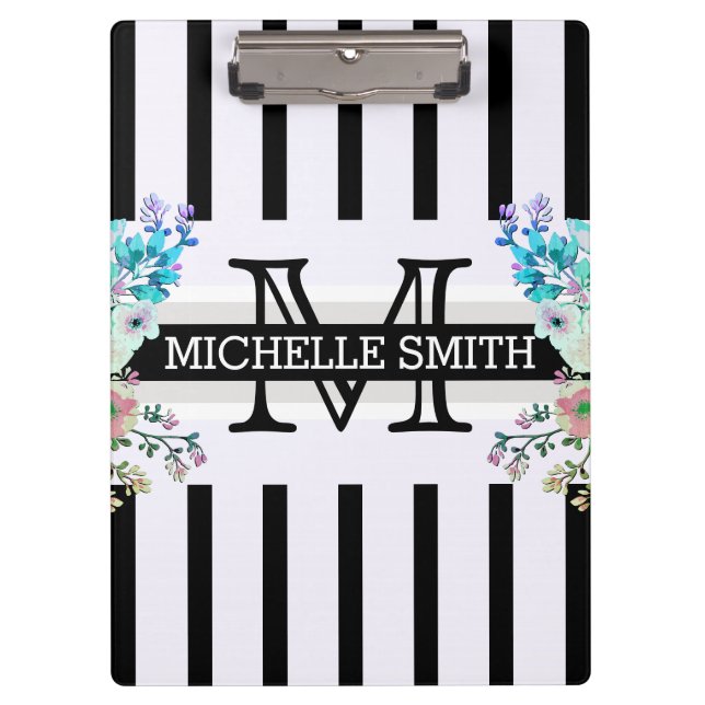 Monogram Vintage Floral Black Stripes Clipboard (Front)