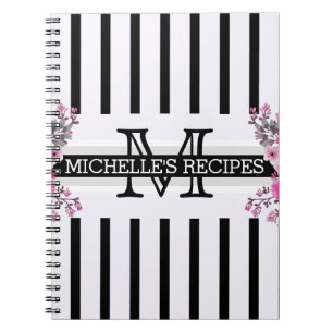Monogram Vintage Floral Black Stripes Notebook