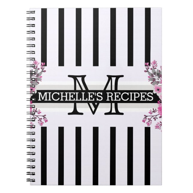 Monogram Vintage Floral Black Stripes Notebook (Front)