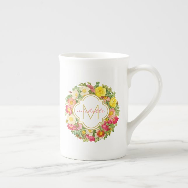 Monogram Vintage Floral Wreath China Mug (Right)