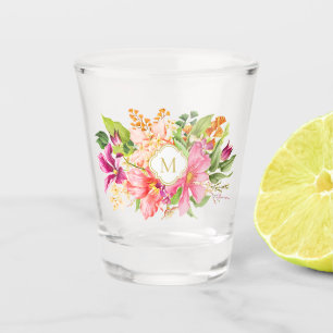 Monogram Vintage Flowers Pink Pastel Bouquet Shot Glass