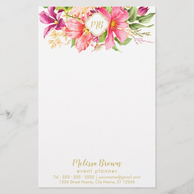 Monogram Vintage Flowers Pink Purple Stationery (Front)