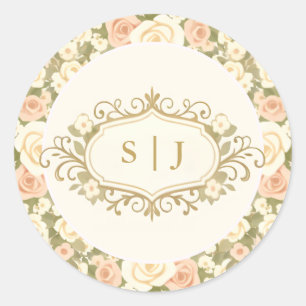Monogram Vintage Ivory Wedding Classic Round Sticker