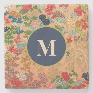 Monogram Vintage Japanese Floral Art Initial Gold Stone Coaster