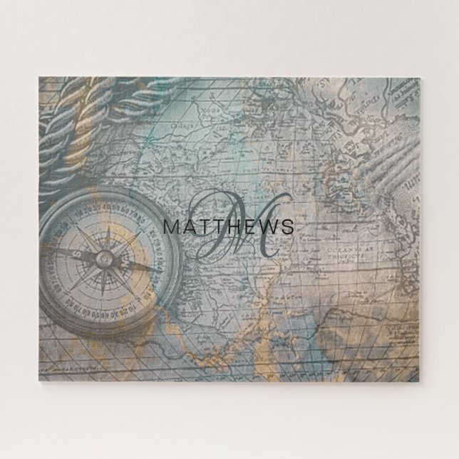 Monogram Vintage Map Compass Jigsaw Puzzle (Horizontal)