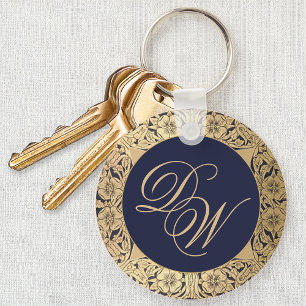 Monogram Vintage Navy Blue Gold Roses Calligraphy Key Ring