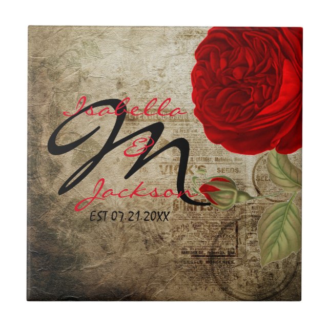 Monogram Vintage Red Rose on Grunge Background Tile (Front)