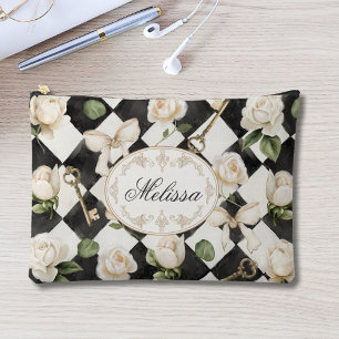 Monogram Vintage Rose Flowers Black White Diamond Accessory Pouch