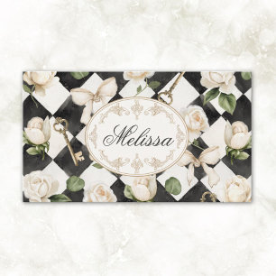 Monogram Vintage Rose Flowers Black White Diamond Business Card