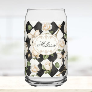 Monogram Vintage Rose Flowers Black White Diamond Can Glass