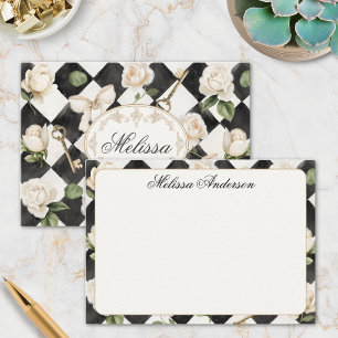 Monogram Vintage Rose Flowers Black White Diamond Card