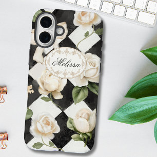 Monogram Vintage Rose Flowers Black White Diamond iPhone 16 Plus Case