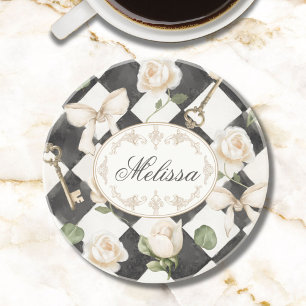 Monogram Vintage Rose Flowers Black White Diamond Coaster