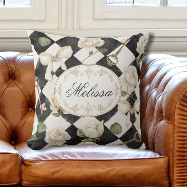 Monogram Vintage Rose Flowers Black White Diamond Cushion (In situ)