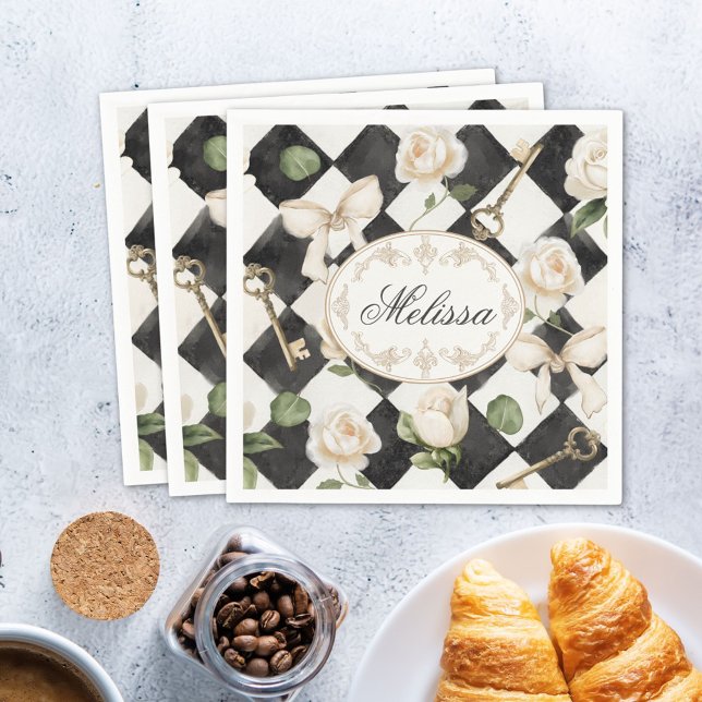 Monogram Vintage Rose Flowers Black White Diamond Napkin (In situ)