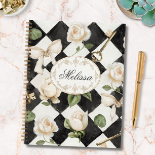 Monogram Vintage Rose Flowers Black White Diamond Planner