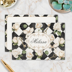Monogram Vintage Rose Flowers Black White Diamond Thank You Card