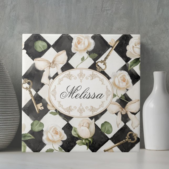 Monogram Vintage Rose Flowers Black White Diamond Tile (In situ)
