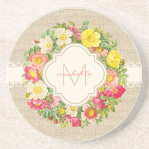 Monogram Vintage Roses Wreath Sandstone Coaster
