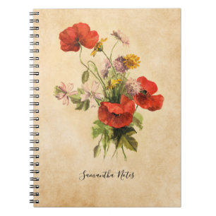 Monogram Vintage Rustic Bouquet Red Poppies Beige Notebook