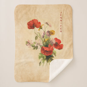 Monogram Vintage Rustic Bouquet Red Poppies Beige Sherpa Blanket