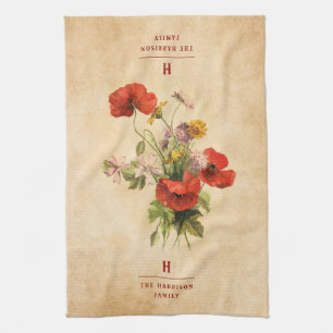 Monogram Vintage Rustic Bouquet Red Poppies Beige Tea Towel