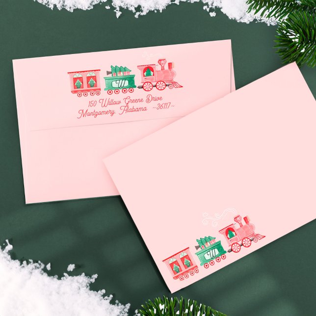 Monogram Vintage Train Christmas Tree Delivery Envelope (Monogram Vintage Train Christmas Tree Delivery Pink Envelope)