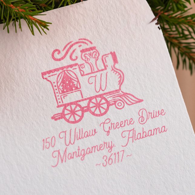 Monogram Vintage Train Christmas Tree Delivery Rubber Stamp (Monogram Vintage Train Christmas Tree Delivery Rubber Stamp)