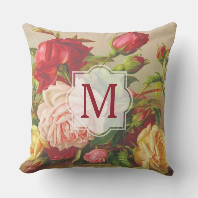 Monogram Vintage Victorian Roses Bouquet Flowers Cushion (Front)