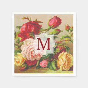 Monogram Vintage Victorian Roses Bouquet Flowers Napkin