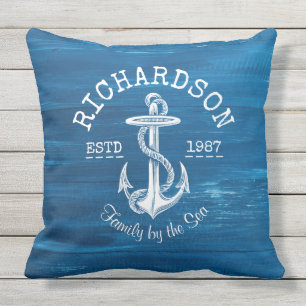 Monogram Vintage White Anchor Blue Painted Wood Cushion