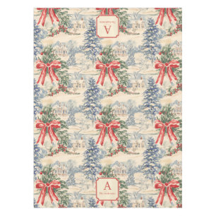 Monogram Vintage Winter Village Christmas Red Bow Tablecloth