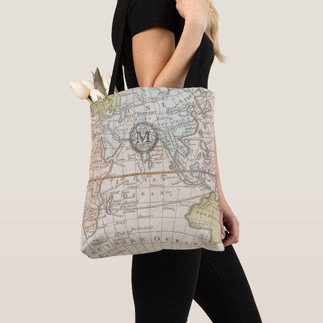 Monogram. Vintage World Map. Tote Bag (Close Up)