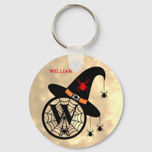 Monogram W Halloween Sky Witch Spiders Name Key Ring