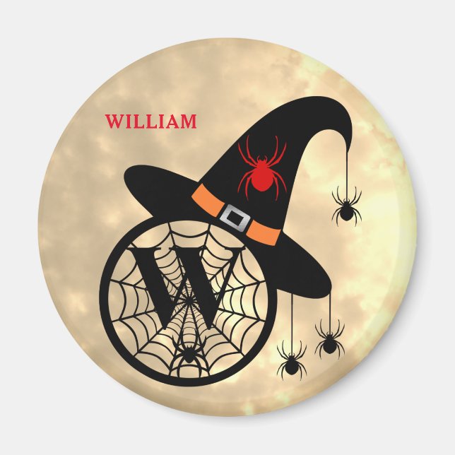 Monogram W Halloween Sky Witch Spiders Name Magnet (Front)