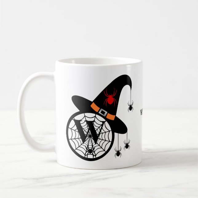 Monogram W Halloween Witch Spiders Your Name Coffee Mug (Left)