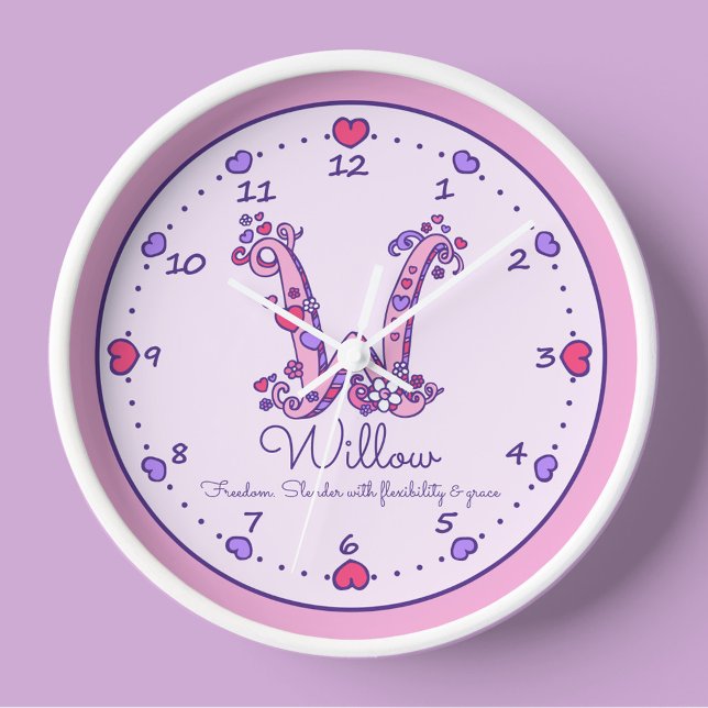 Monogram W hearts girls name meaning pink clock (Creator Uploaded)