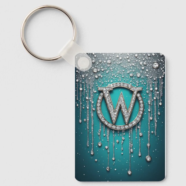 Monogram W on Teal Dripping Glitter Key Ring (Front)