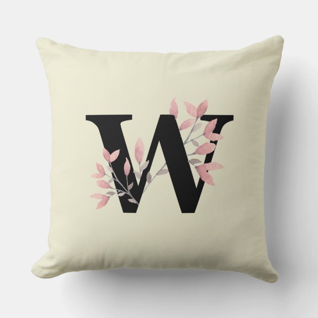 Monogram W with Pink Floral Sprays Cushion (Front)