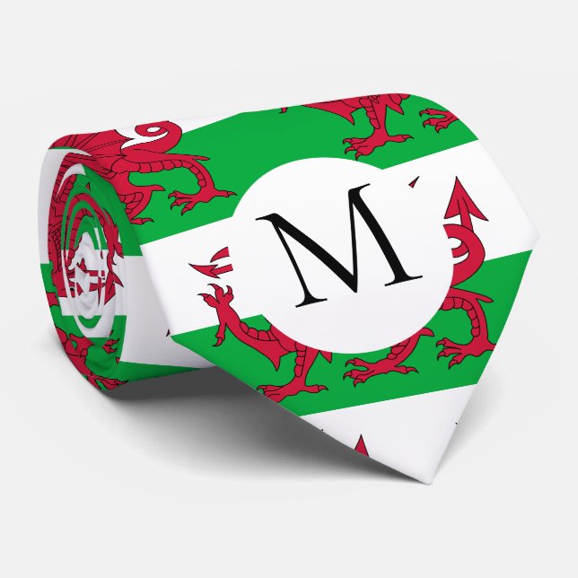  Monogram Wales flag Welsh red dragon Neck Tie (Rolled)