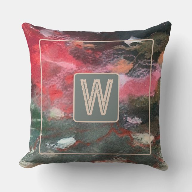 Monogram watercolor abstract green red pattern  cushion (Front)
