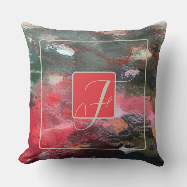 Monogram watercolor abstract red brown pink cushion (Front)