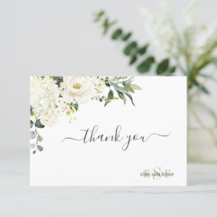 Monogram Watercolor Alabaster Roses Hydrangea Thank You Card