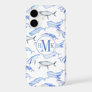 Monogram Watercolor Blue Whale Pattern
