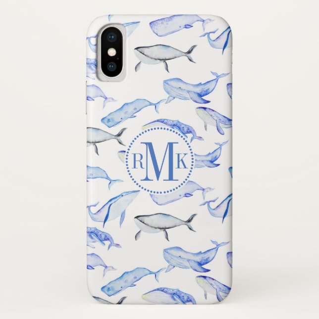 Monogram | Watercolor Blue Whale Pattern Case-Mate iPhone Case (Back)